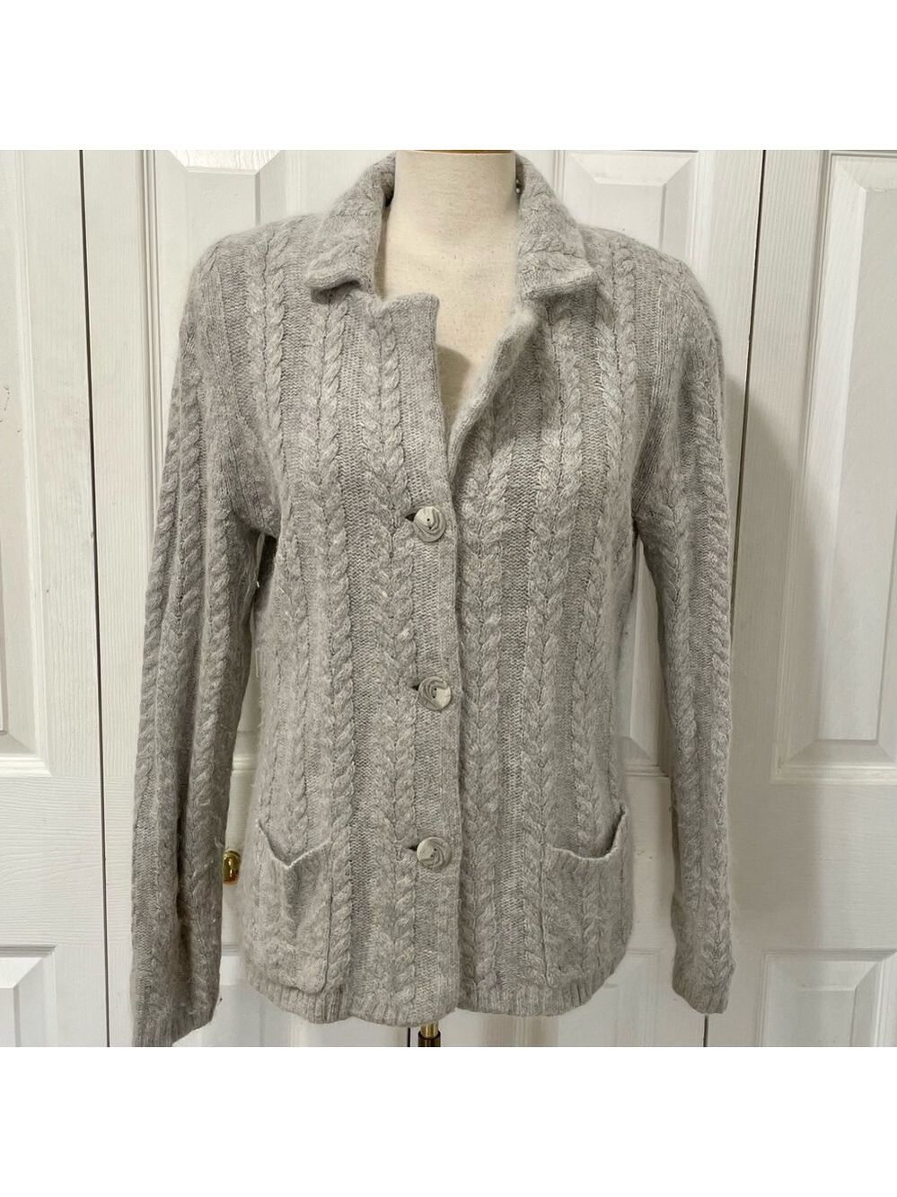 Kenar Grey Cable Knit Angora Blend Button up Cardigan Size XL